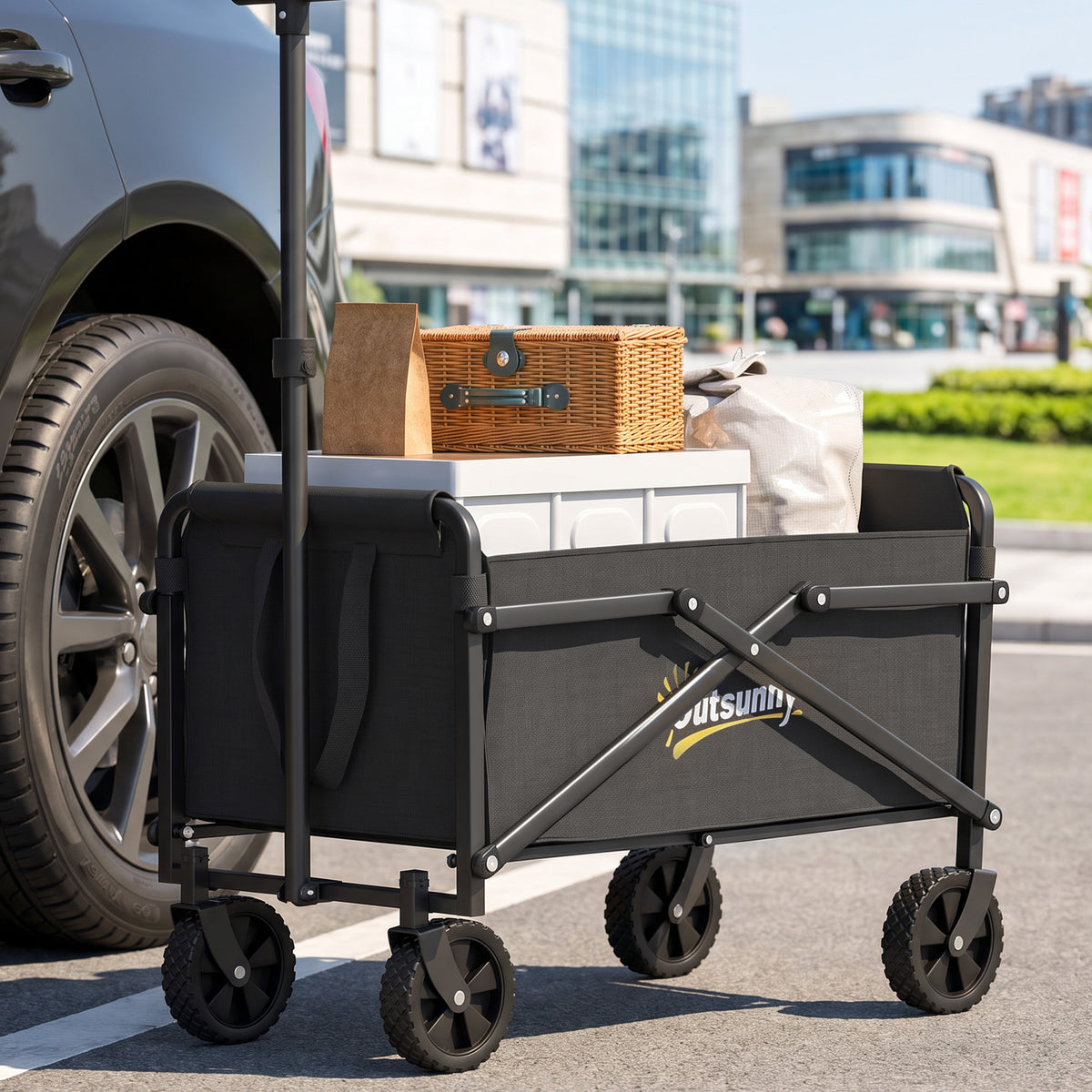 Carro de jardín carro de transporte con ruedas con mango ajustable, con bolsas de transporte 64 x 40 x 60-84 cm negro