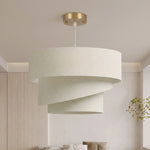 Suspension Luminaire à 3 Abat-Jour Effet Lin, Ampoule Non Incluse E14 40 W, Câble Réglable, Rosace Dorée, Beige