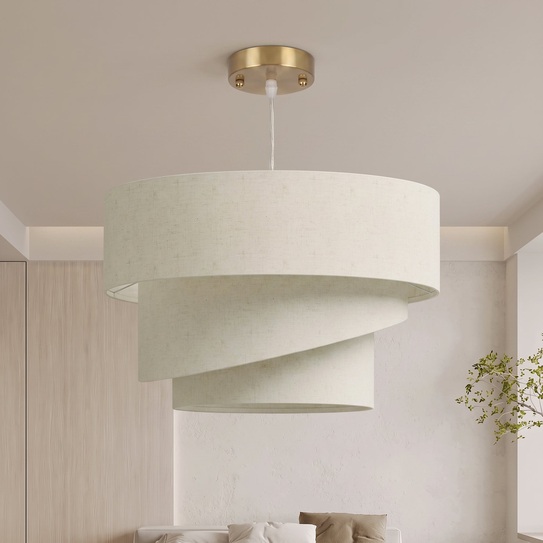 Suspension Luminaire à 3 Abat-Jour Effet Lin, Ampoule Non Incluse E14 40 W, Câble Réglable, Rosace Dorée, Beige
