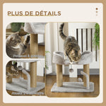 Designer cat scratching tree with 2 hanging pom-pom toys, 2 jute-covered posts, plush platform, jute, 48 x 38 x 42 cm, grey