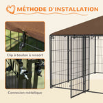 Chenil extérieur pour chiens en acier et tissu Oxford avec support gamelle toit 211 x 211 x 151 cm noir et café
