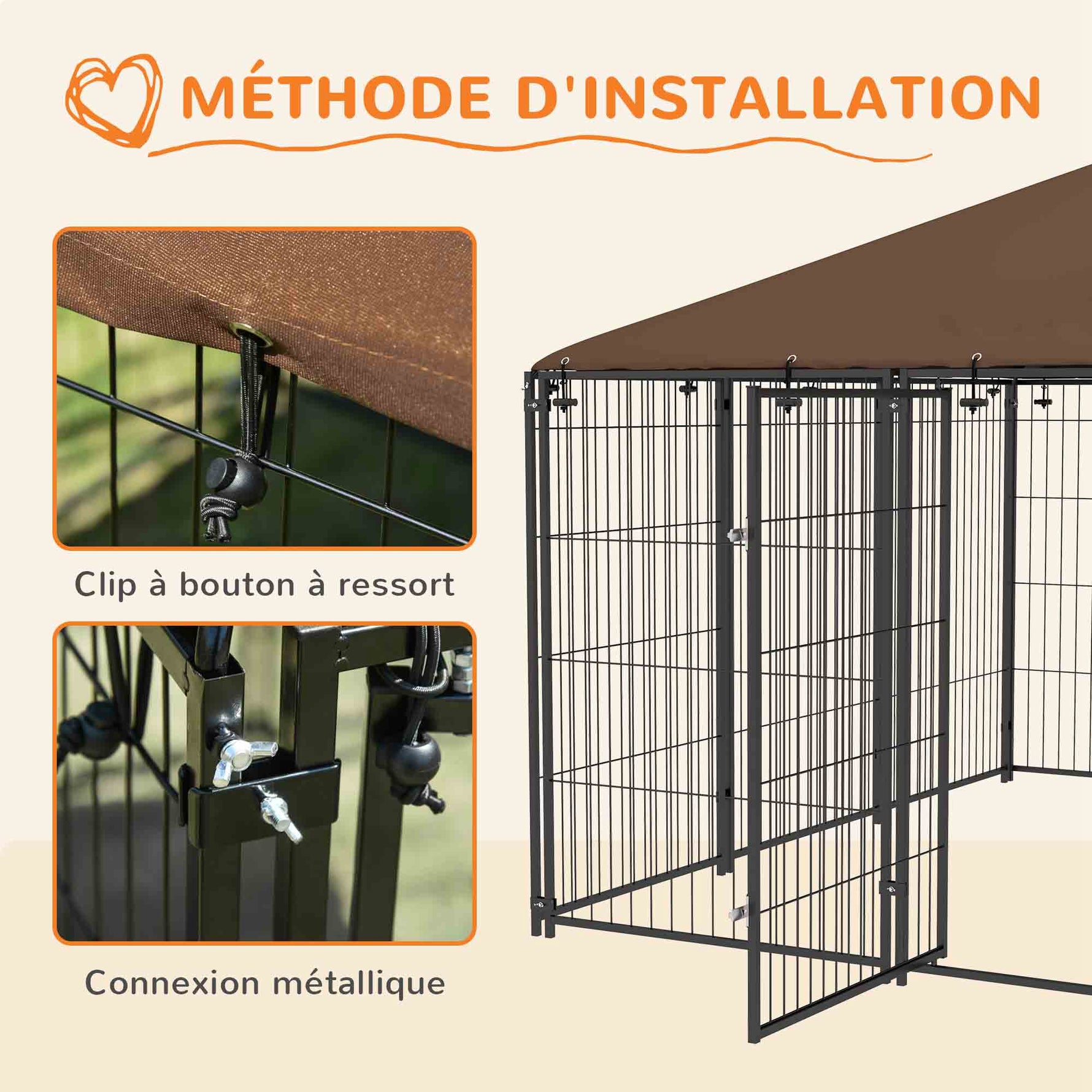 Chenil extérieur pour chiens en acier et tissu Oxford avec support gamelle toit 211 x 211 x 151 cm noir et café