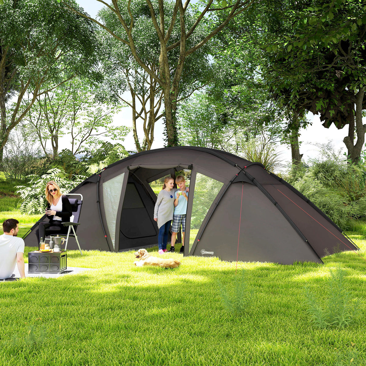 Tente de camping familiale pour 4-6 personnes, tente tunnel imperméable 3000 mm avec 2 portes, sac de transport, noir
