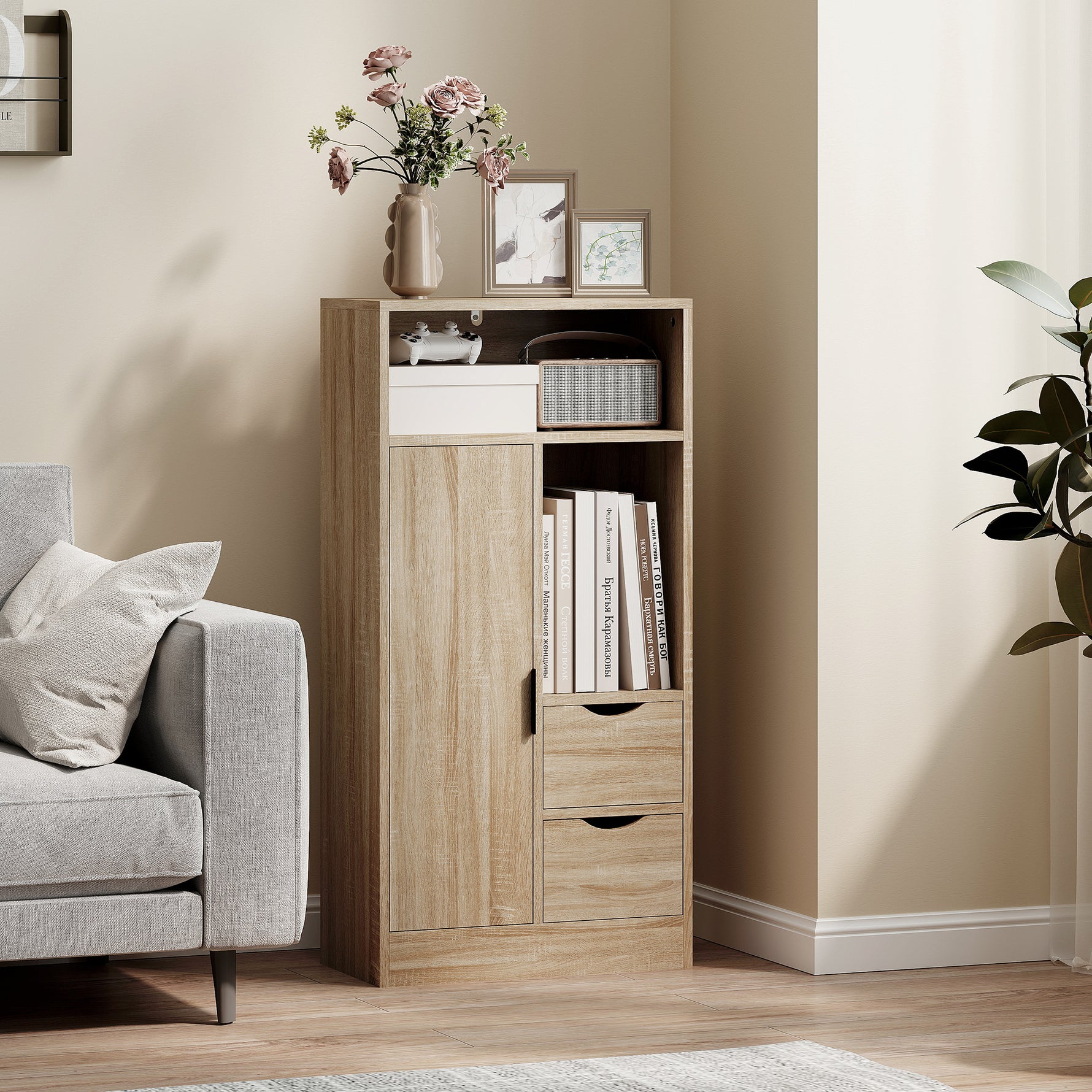 Meuble de salle de bain, meuble de rangement étroit avec 2 tiroirs, compartiments ouverts, 50x25x100cm, bois naturel
