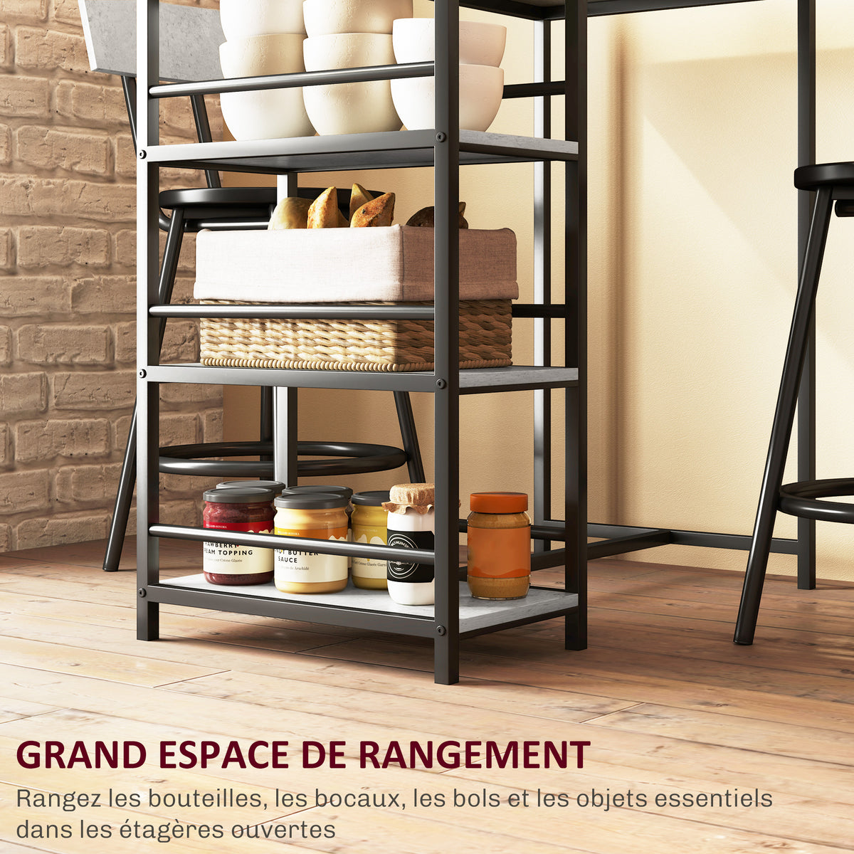 Ensemble table de bar avec 2 tabourets et étagères de rangement pour salle à manger, cuisine, gris et noir