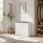 Panca scarpiera, panca contenitore, seduta imbottita, cassetto a ribalta, anta con motivo, 60 x 26 x 52,5 cm, bianco
