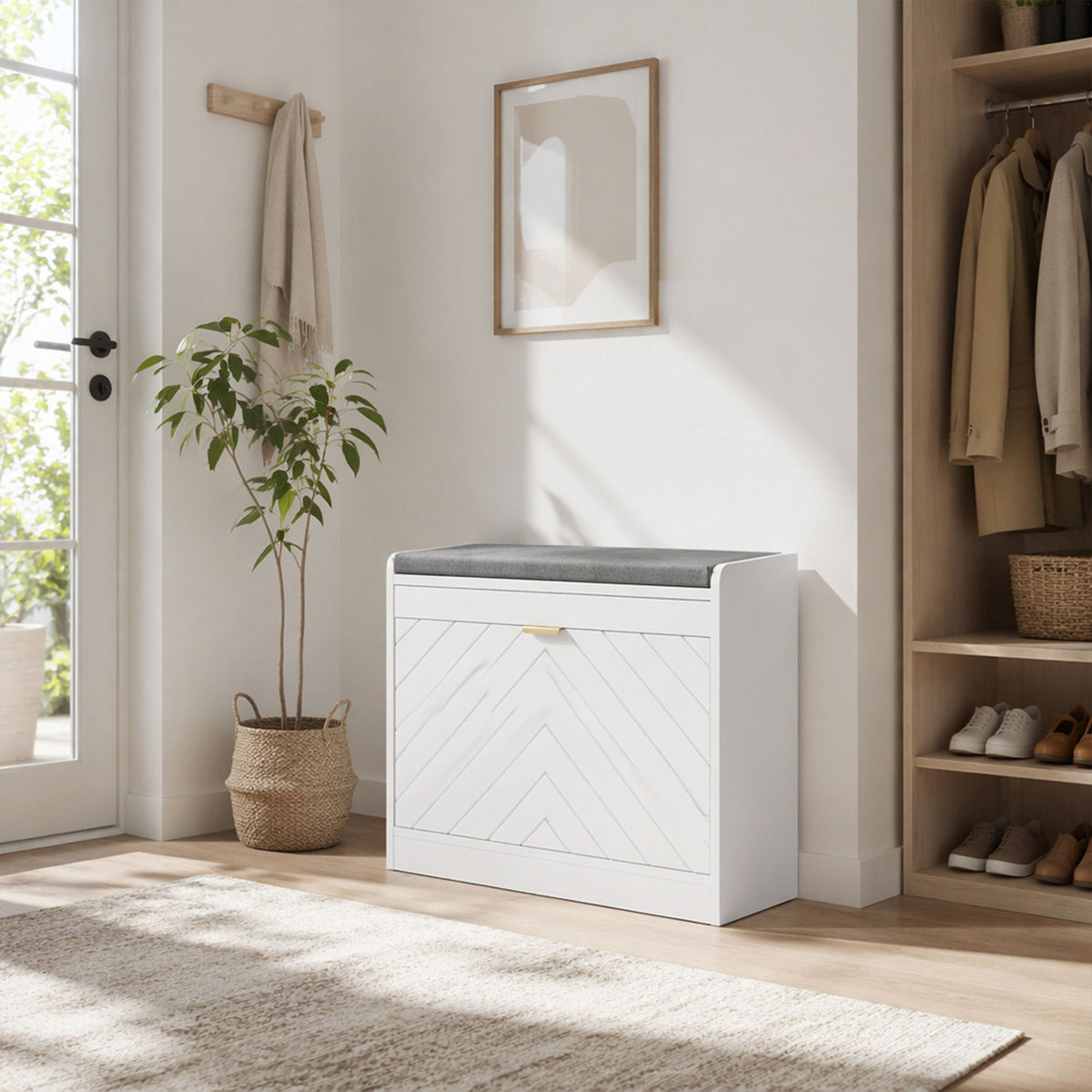Panca scarpiera, panca contenitore, seduta imbottita, cassetto a ribalta, anta con motivo, 60 x 26 x 52,5 cm, bianco