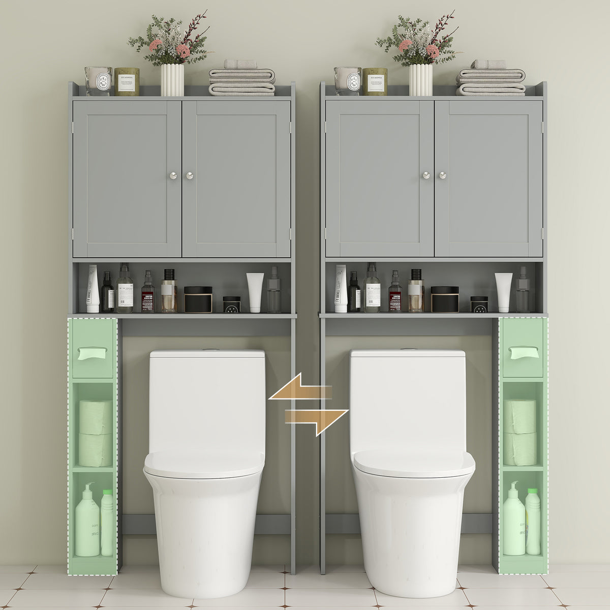 Meuble WC dessus de toilette ou machine à laver, 2 portes, 3 compartiments, porte-papier toilette, 80x19,5x170cm, gris