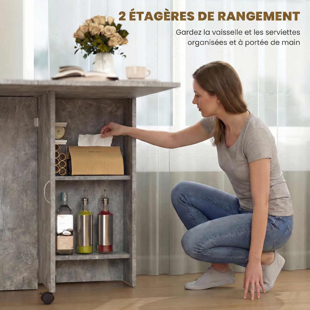 Table pliante de cuisine salle à manger amovible sur roulettes 75L x 140l x 74H cm 2 étagères intégrées en bois