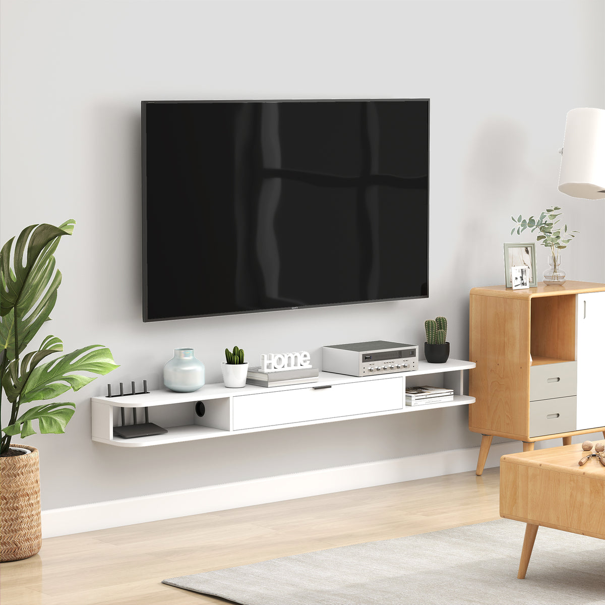 Meuble TV Suspendu, Meuble Télé pour Téléviseur jusqu'à 75 Pouces, Tiroir Rabattable, 2 Étagères, 180x24x16cm, Blanc