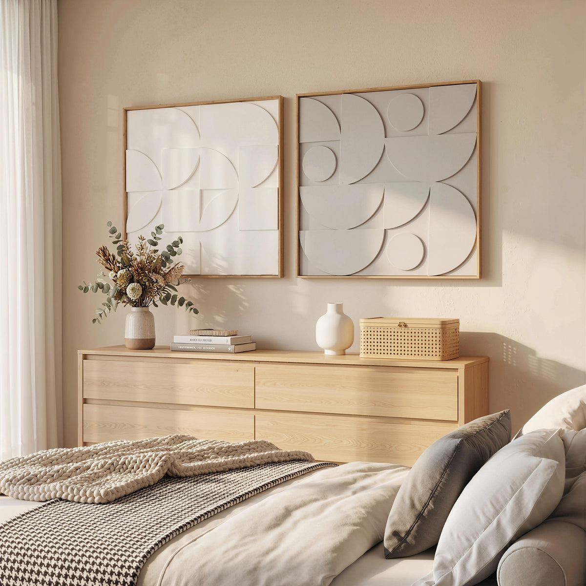Lot de 2 tableaux abstraits 3D, décoration murale en bois géométrique, pour salon, chambre, bureau, 80 x 80 cm, blanc