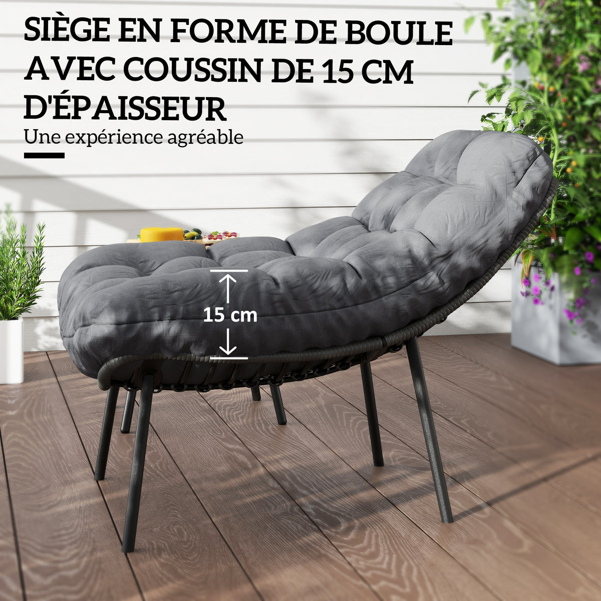 Salon de Jardin extérieur en résine tressée 2 personnes ensemble de meubles de jardin coussins de 15 cm d'épaisseur gris