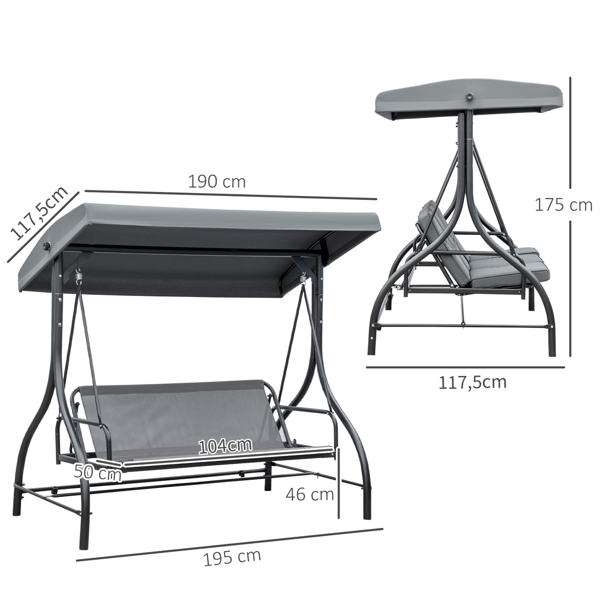 Balancelle de Jardin 3 Places Convertible Inclinaison Toit réglable Matelas Grand Confort Rembourrage 7 cm fourni