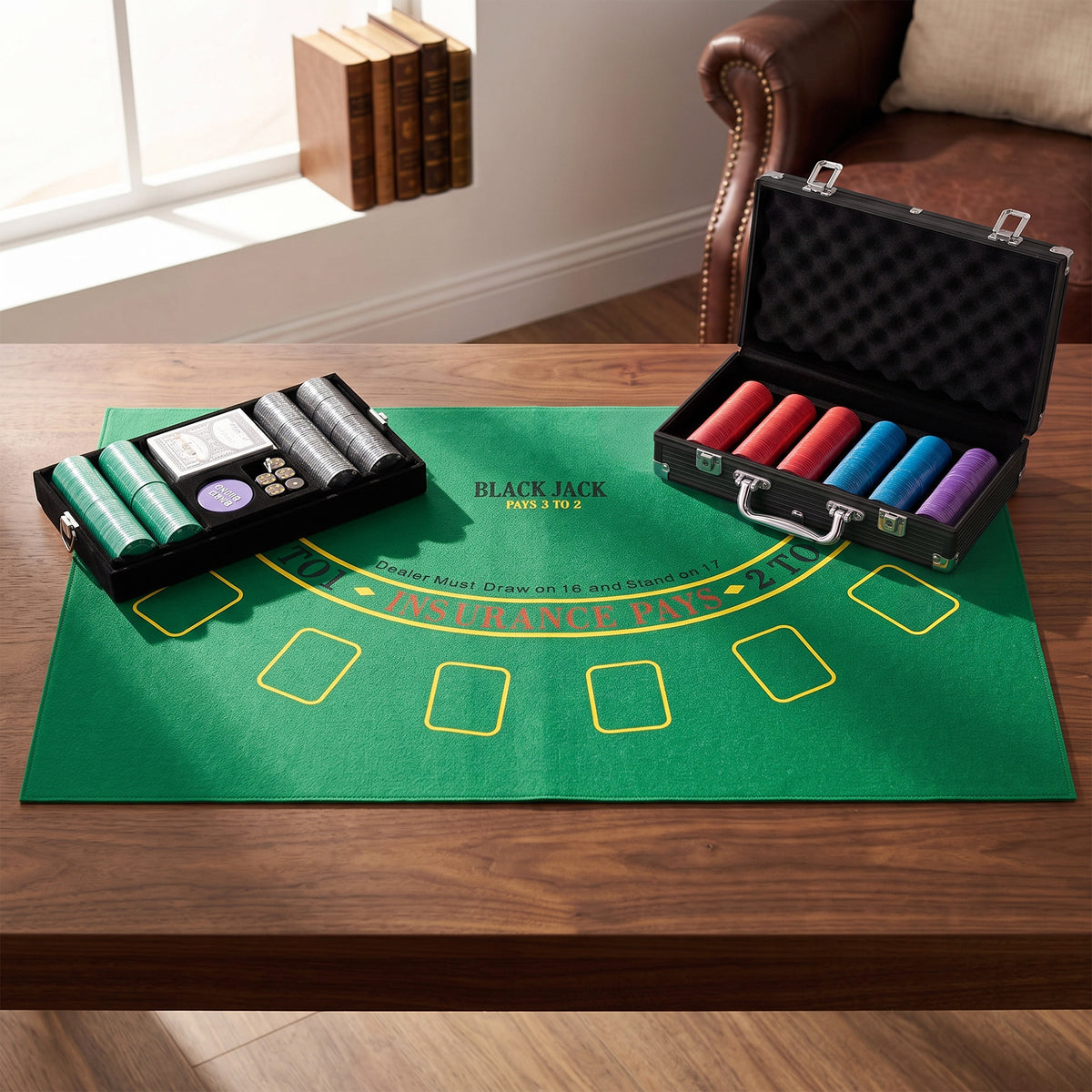 Poker-Koffer 500 Jetons 5 Werte, 2 Kartendecks, Spielmatte, Dealer-Button, Blind, Alu, 31x17x11,5 cm, Schwarz