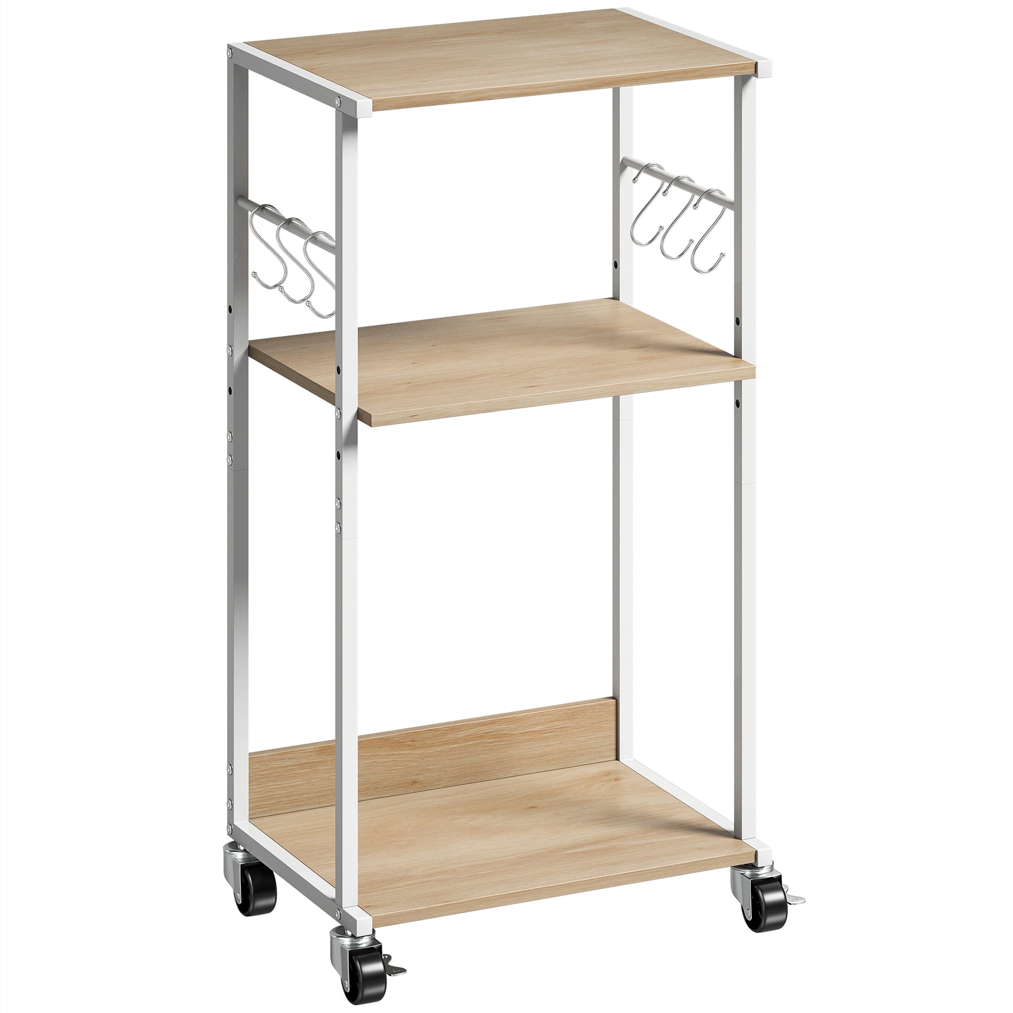 Support pour Imprimante à 3 Niveaux avec Roulettes et Crochets, Étagère de Rangement pour Bureau, Salon, Bois Naturel