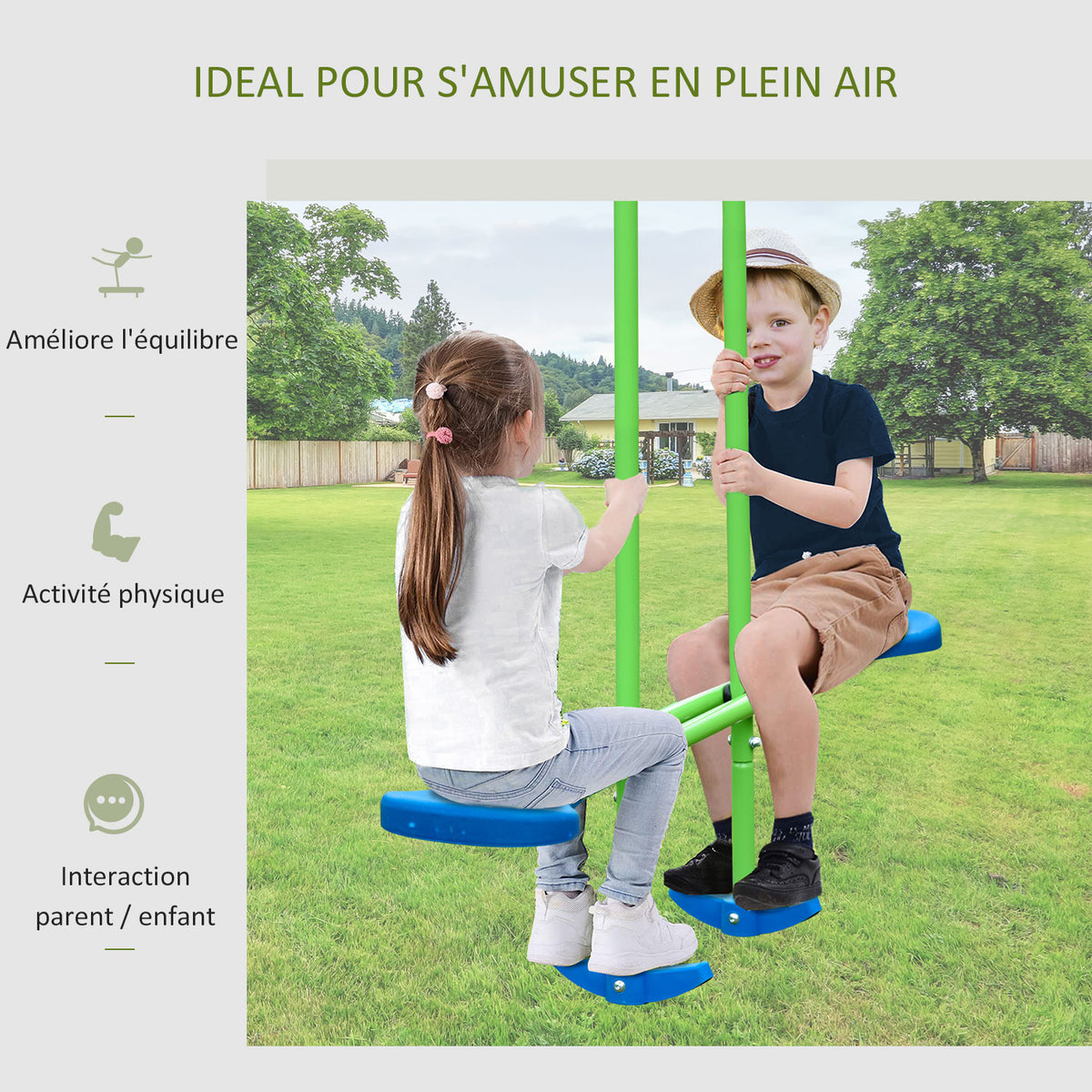 Balançoire portique pour enfant 3 en 1 avec 1 balançoire face à face et 2 sièges de balancelle, balançoire enfant extérieur cadre en A métal, hauteur réglable, charge 180kg, 3+ans, vert