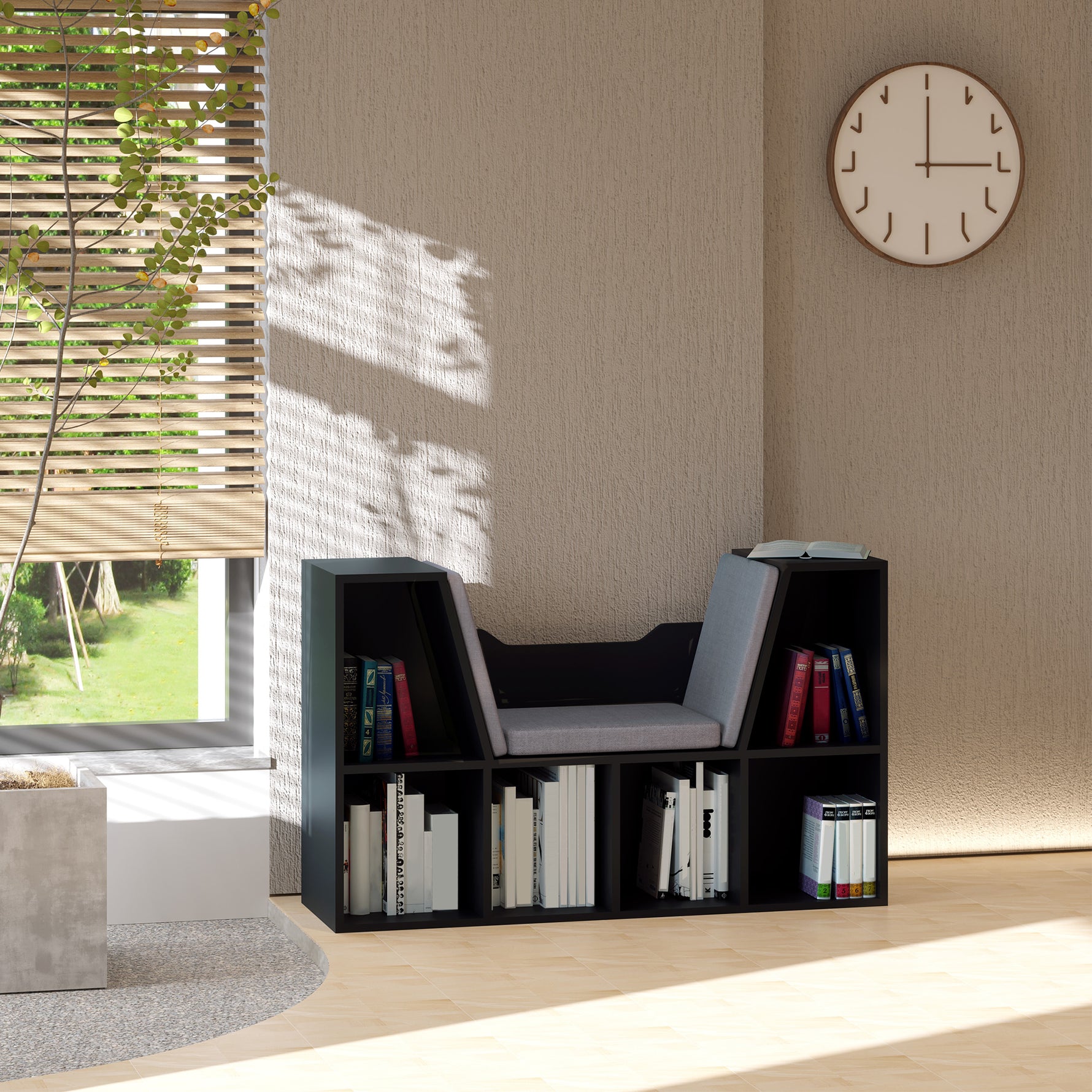 Bibliothèque banc 2 en 1 avec coussins de siège, étagère cube 6 compartiments ouverts et 2 niveaux, meuble de rangement pour salon, chambre à coucher, bureau, 102 x 30 x 61 cm, noir