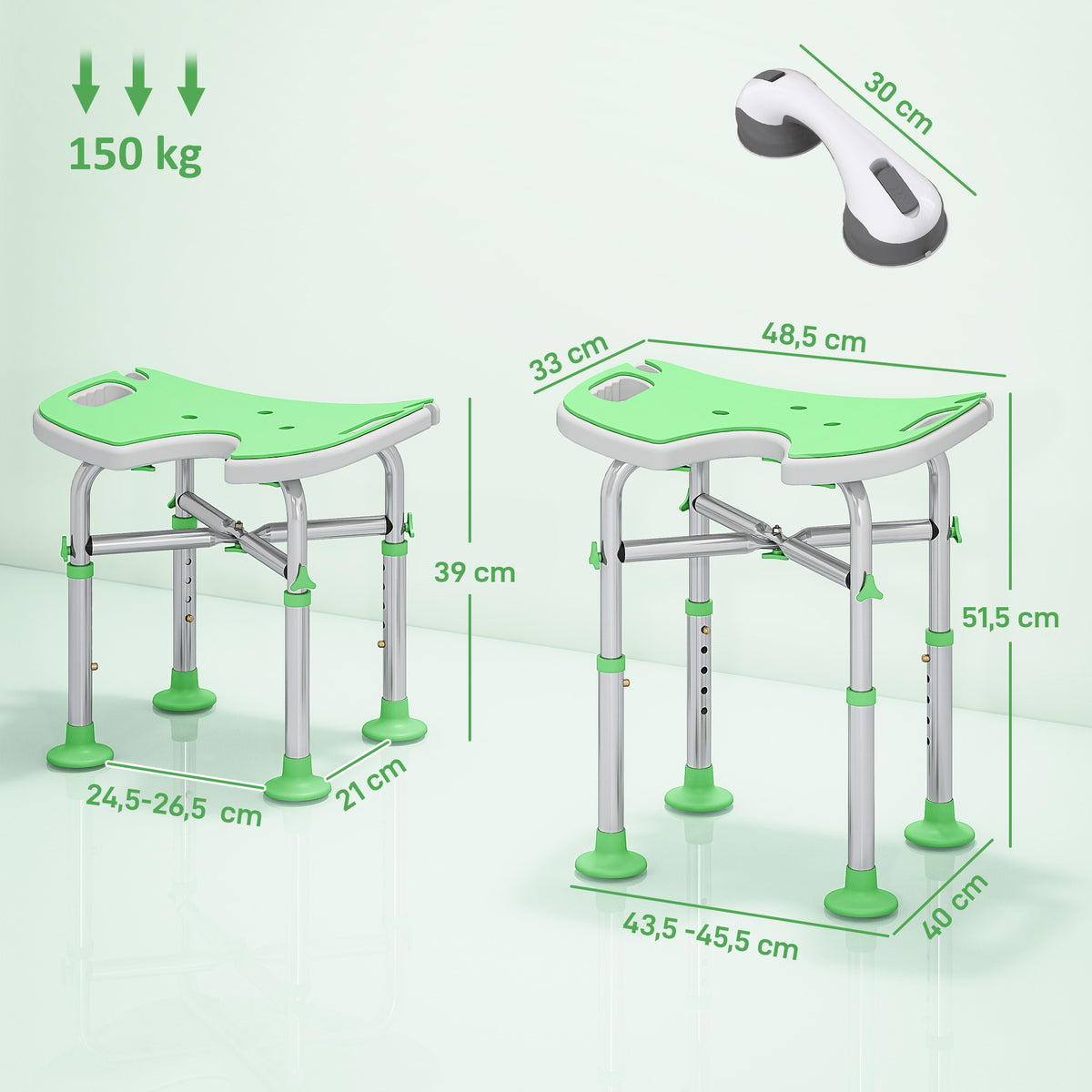 Tabouret de Douche, Hauteur Ajustable 39-51,5 cm, Barre d'Appui à Ventouse, Patins à Ventouse, Vert