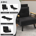 Fauteuil convertible 4 en 1 lit 1 place dossier 5 positions, accoudoirs en bois et coussin, tissu effet velours, noir
