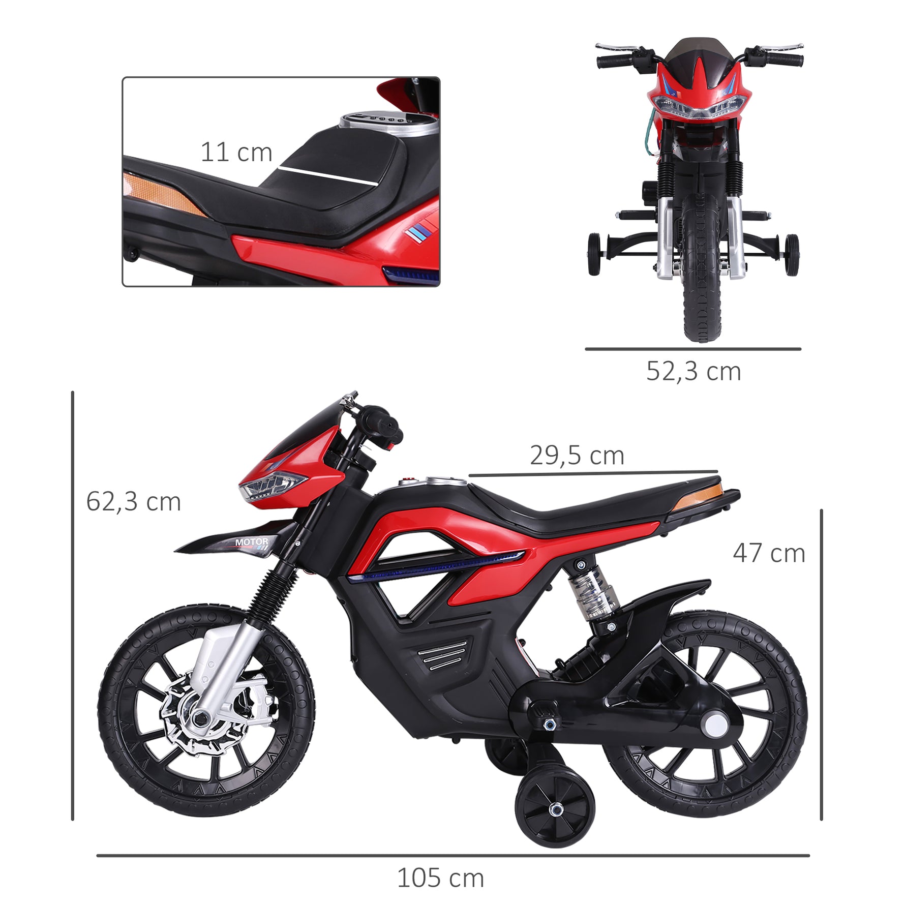 Moto électrique pour Enfants de 3-6 ans 25 W 6 V 3 Km/h Effets Lumineux et sonores roulettes Amovibles Charge max. 30 kg Rouge