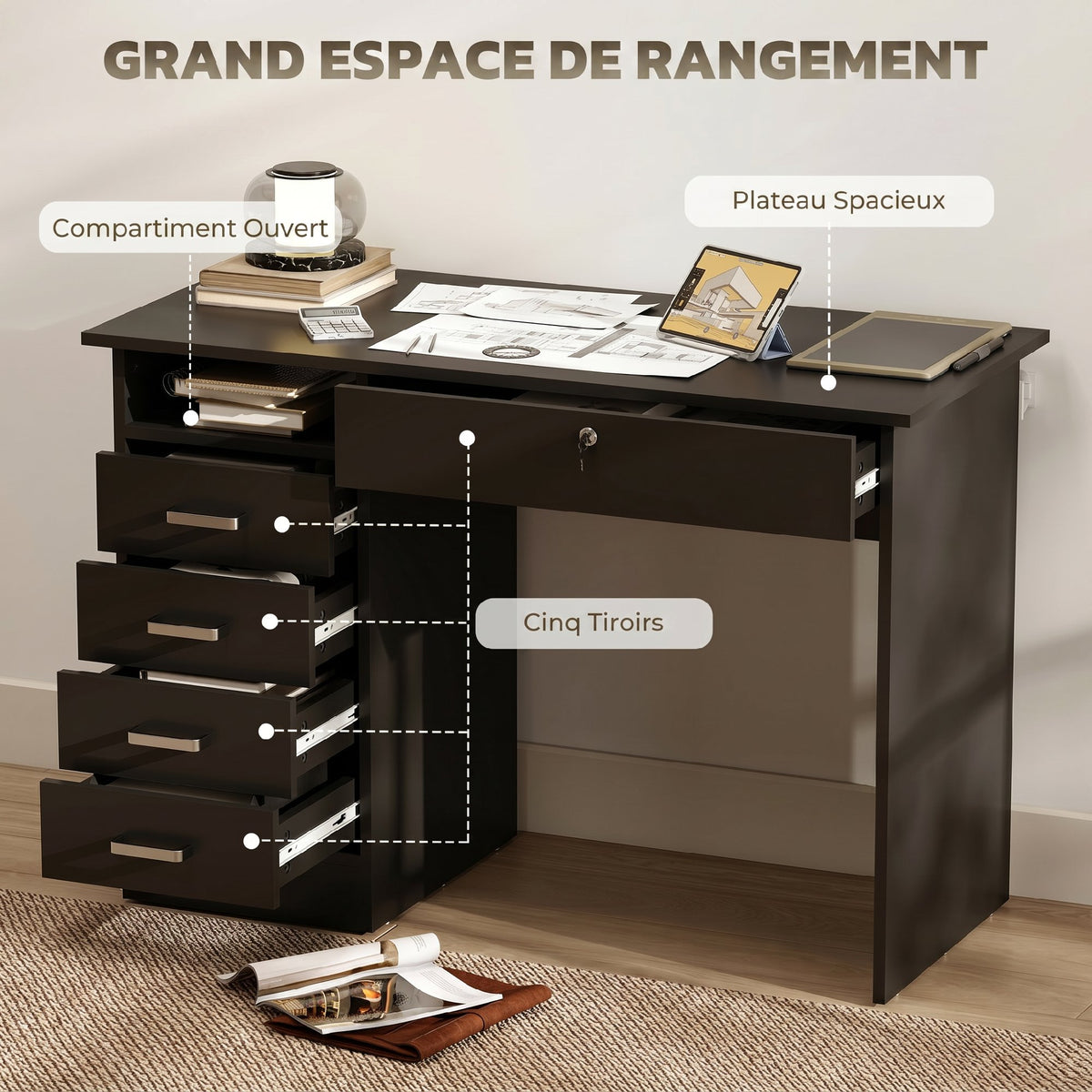Bureau moderne avec 5 tiroirs, grand plateau, 1 compartiment ouvert, tiroir verrouillable, 110 x 50 x 76cm, noir