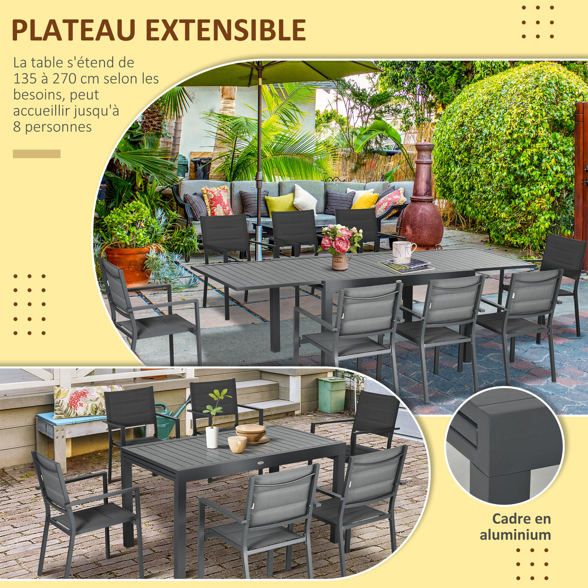 Salon de jardin table extensible 135-270 cm en aluminium et textilène 6/10 personnes 8 chaises empilables gris
