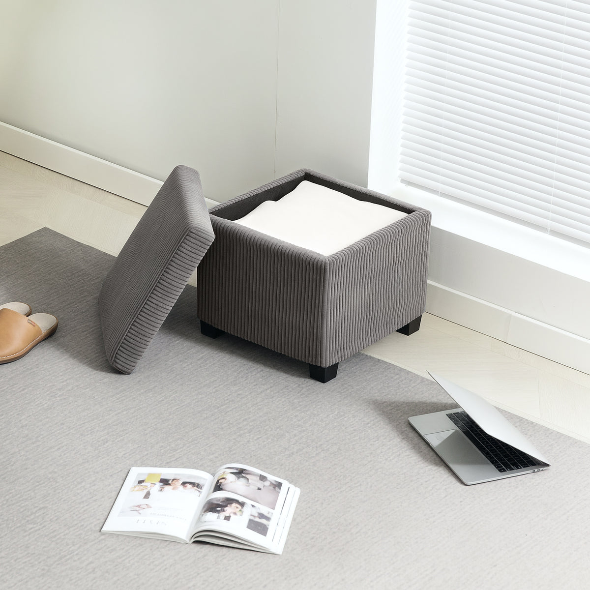 Pouf contenitore 30 L con coperchio rimovibile, pouf cubo imbottito in velluto a coste, 40 x 40 x 40 cm, grigio