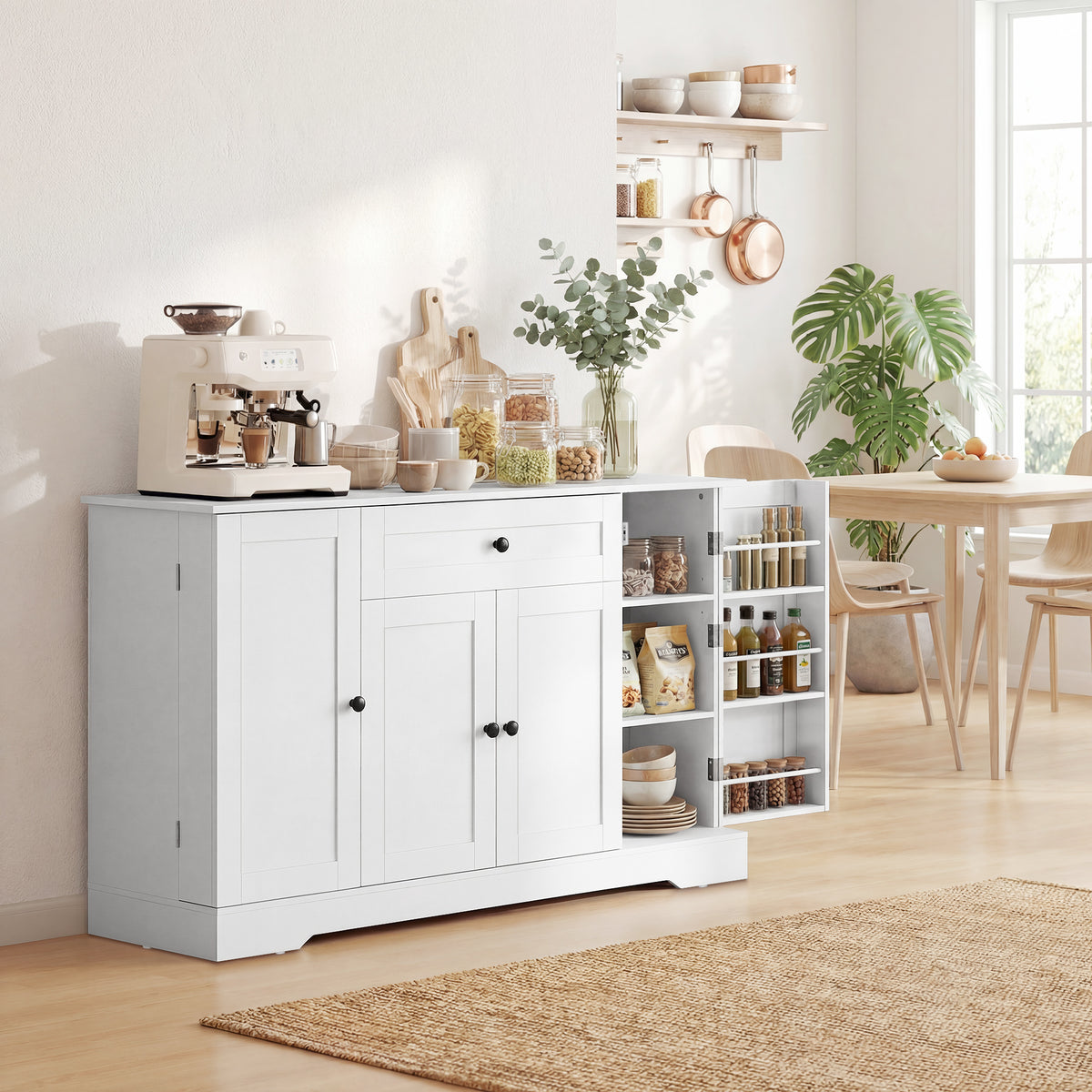 Buffet cuisine, meuble de rangement avec tiroir, 4 portes à fermeture douce, racks-porte et étagères réglables, blanc