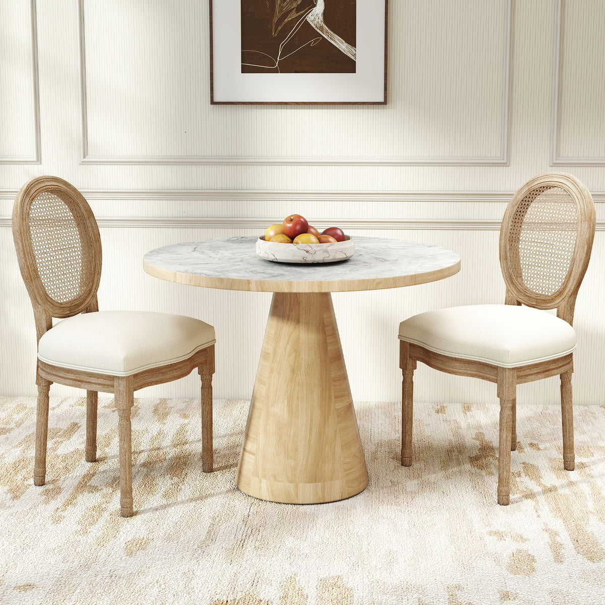 Set de 2 sillas de comedor - Silla de salón medallón estilo Luis XVI - Madera maciza tallada, patinada - Respaldo de rejilla - Aspecto lino crema