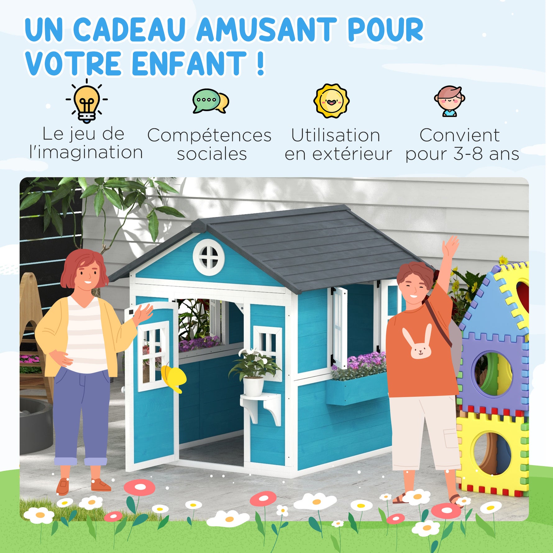 Cabane enfant extérieur maison enfant extérieure avec porte fenêtres et jardinières 114 x 126,4 x 135 cm bleu