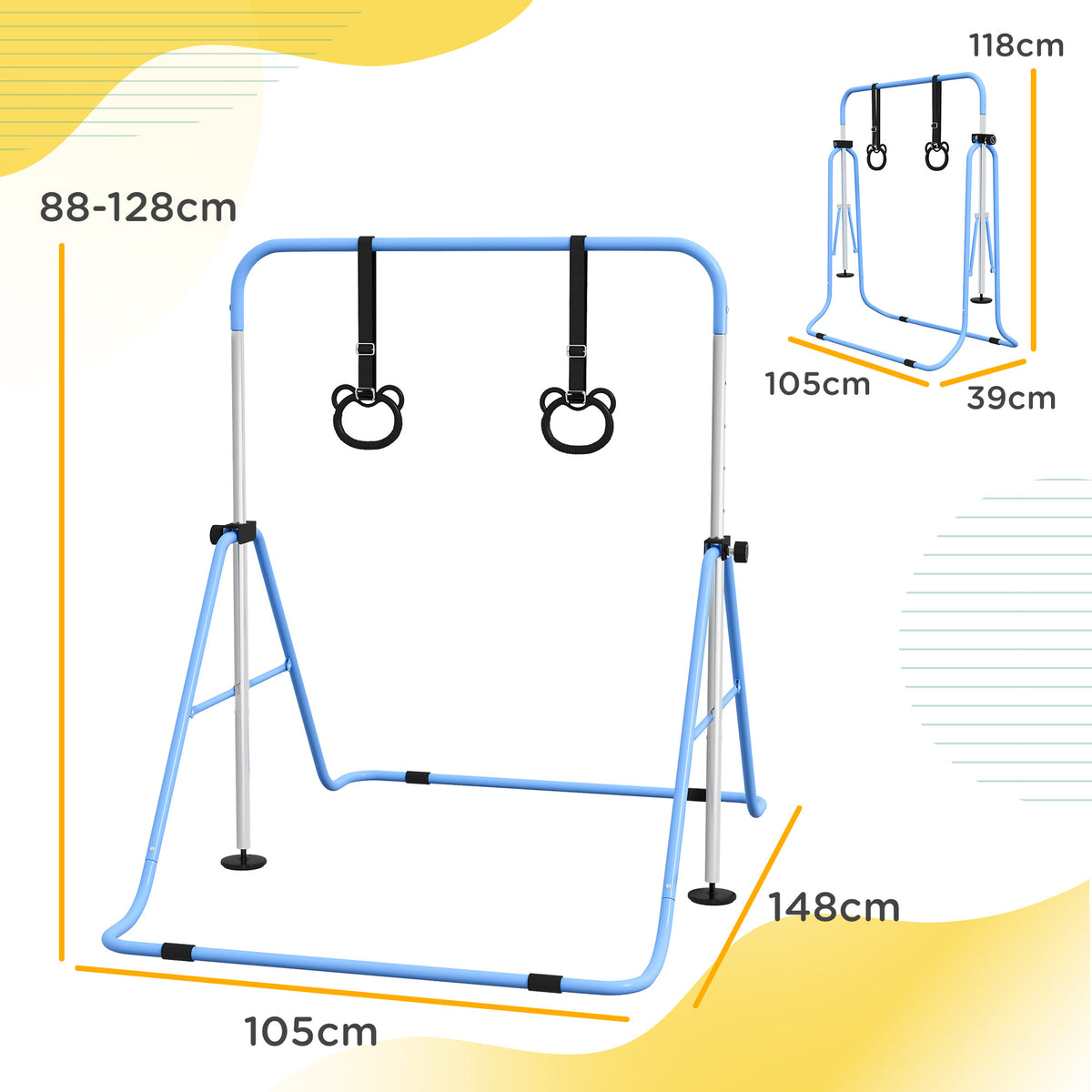 Barre de gymnastique pour enfants, barre horizontale pliable à hauteur réglable avec anneaux de gymnastique, bleu