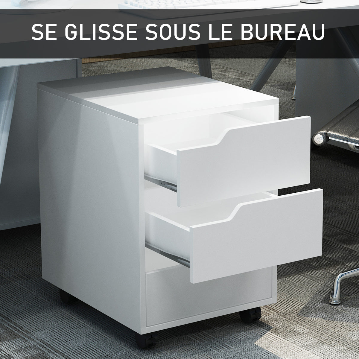 Caisson bureau mobile avec 3 tiroirs, meuble rangement bureau sur roulettes pour documents et imprimante, caisson de rangement compact pour travail ou chambre, 40x50x57,5cm, blanc