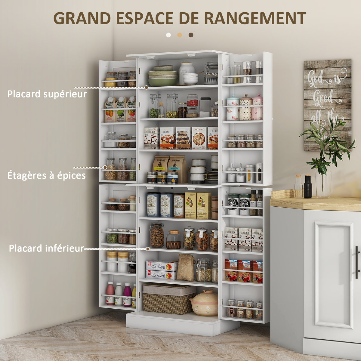 Armoire de cuisine buffet cuisine avec placards, étagère réglable et porte-épices, 60 x 35 x 166 cm, blanc