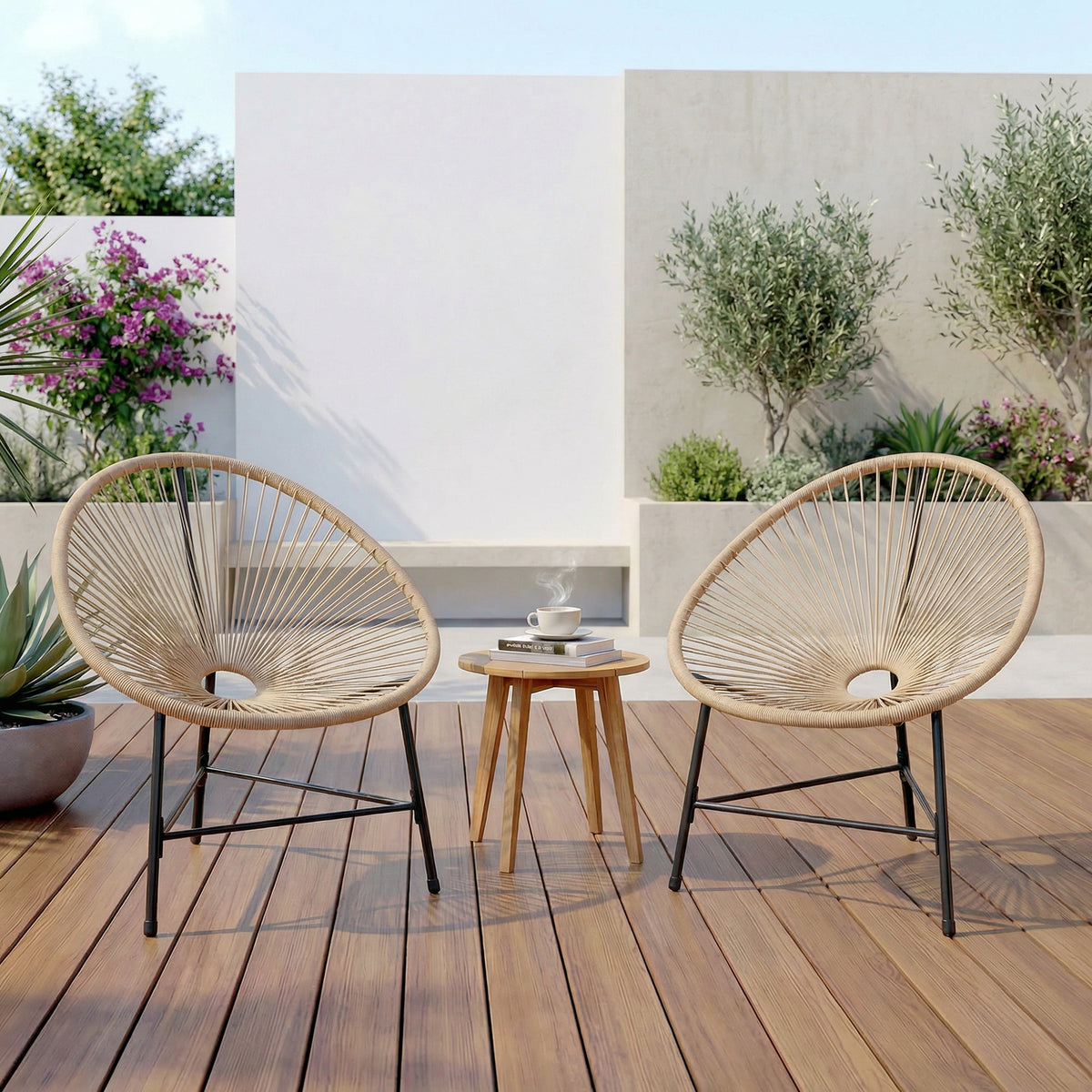 Lot de 2 Fauteuils de Jardin Acapulco Résine Tressée, Structure Triangulaire en Acier, Charge 120 kg, 72x68x81cm, Naturel