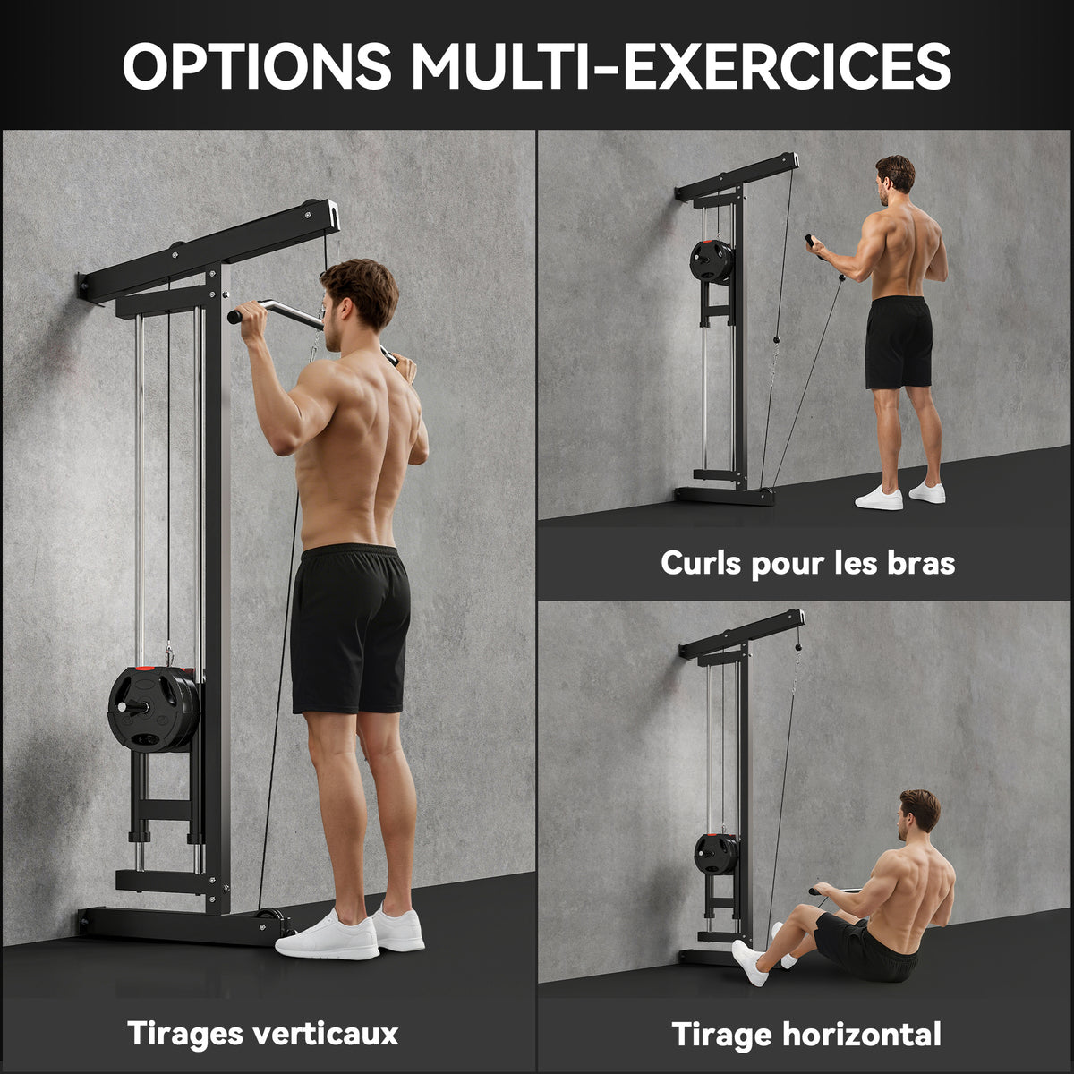 Appareil de musculation mural, station de traction, poulie haute et basse, 2 poulies, en acier, 75 x 16 x 192 cm, noir