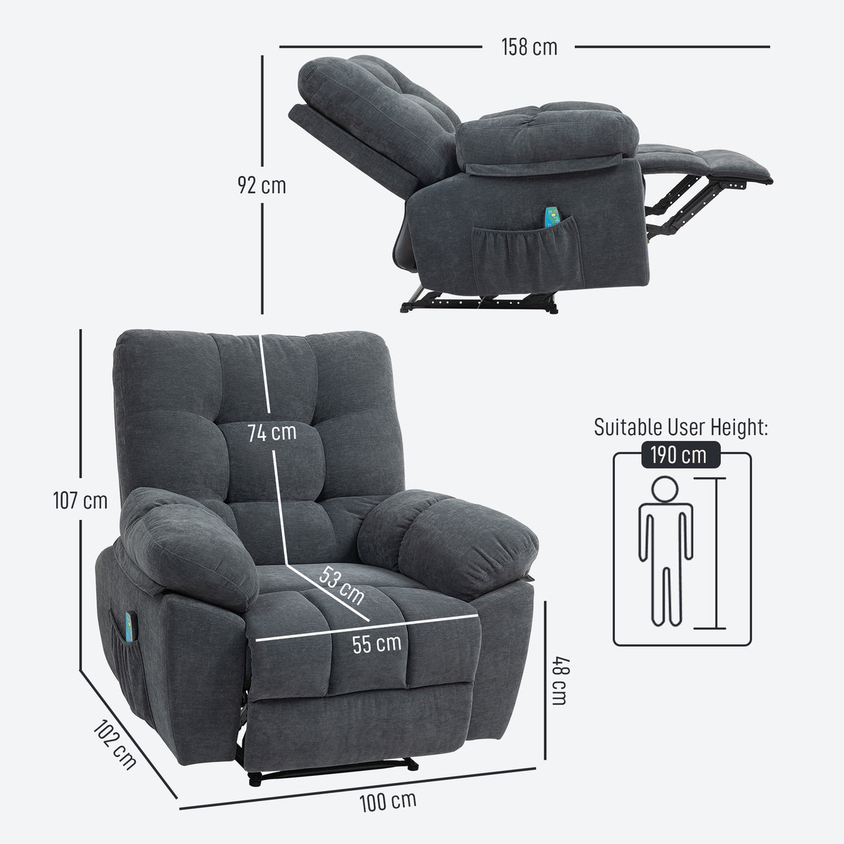 Fauteuil de massage fauteuil relax avec vibration chauffage, inclination manuelle, télécommande inclus, gris