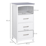 Meuble de salle de bain sur pied meuble de rangement avec 3 tiroirs et 1 niche 40 x 33 x 80 cm blanc