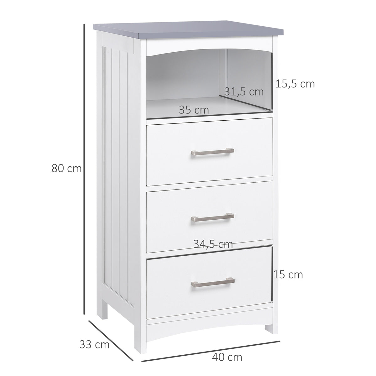 Meuble de salle de bain sur pied meuble de rangement avec 3 tiroirs et 1 niche 40 x 33 x 80 cm blanc