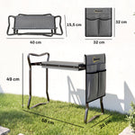 Tabouret de Jardin Pliable 2 en 1, Coussin en Mousse EVA et 4 Poches à Outils Amovible, Charge 150kg, 58x28x49cm, Gris