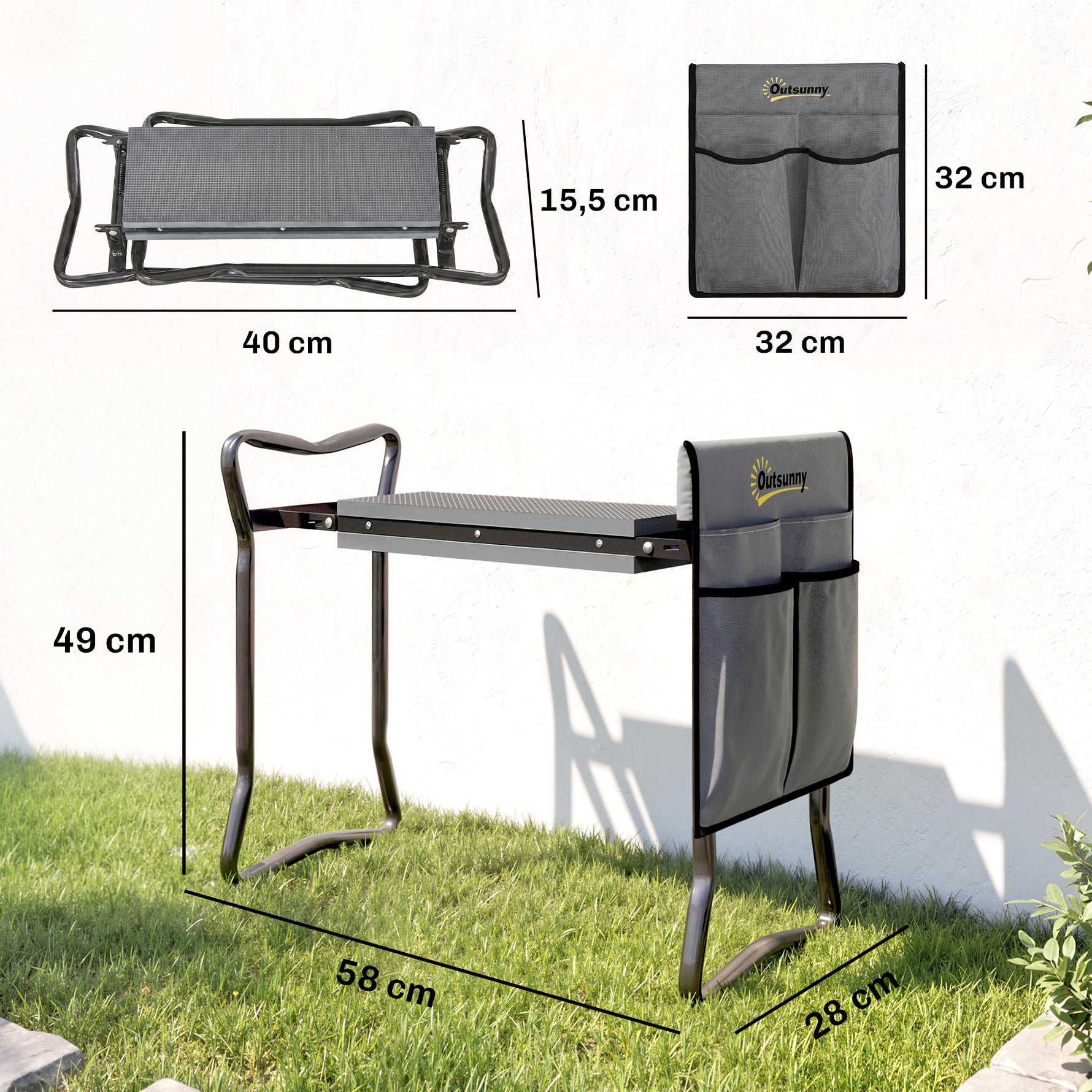 Tabouret de Jardin Pliable 2 en 1, Coussin en Mousse EVA et 4 Poches à Outils Amovible, Charge 150kg, 58x28x49cm, Gris