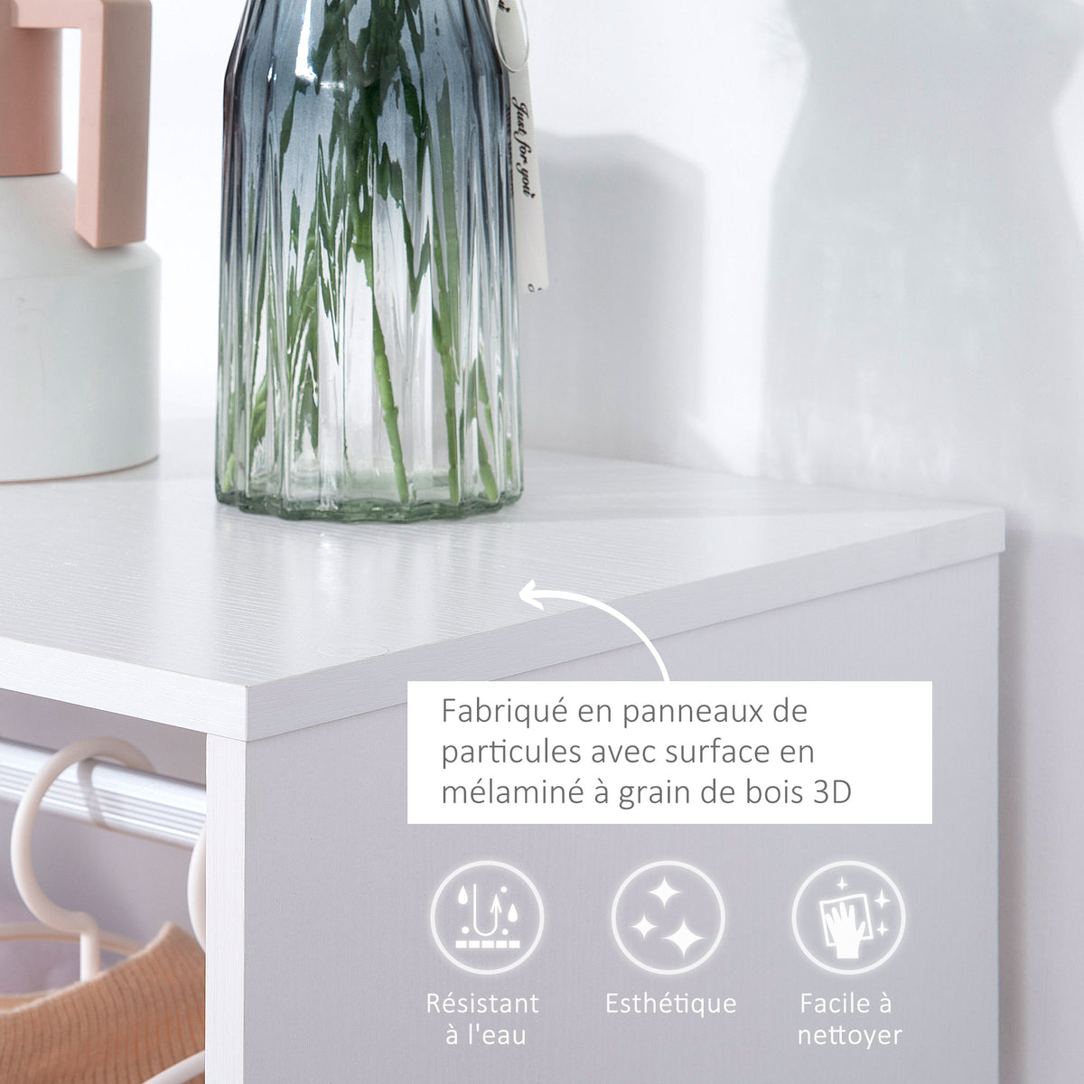 Set di 2 appendiabiti salvaspazio mobili con rotelle, 2 vani + ampio spazio appendiabiti in legno bianco