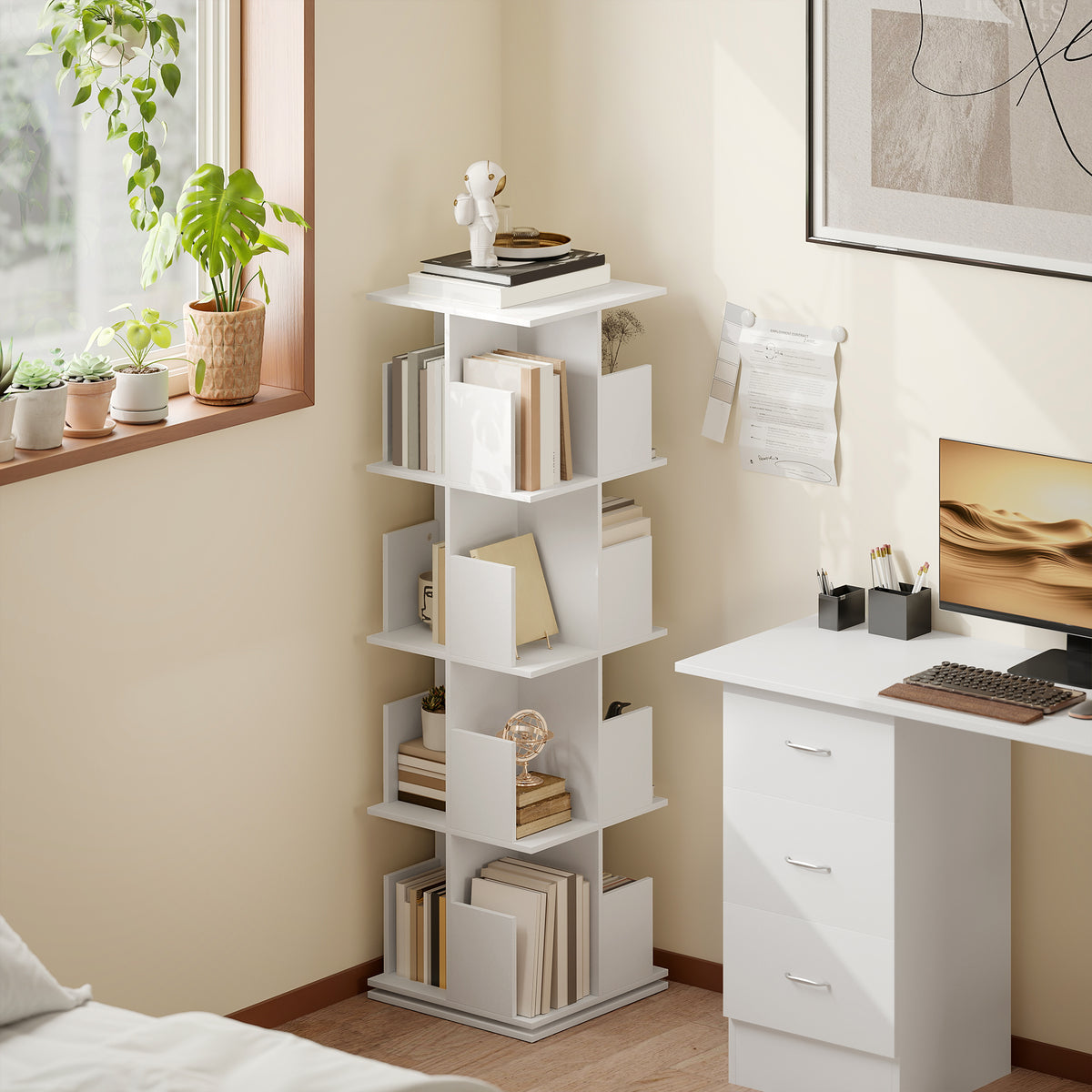 Draaibare boekenkast met 4 niveaus, opbergrek met 16 vakken, 39 x 39 x 128,3 cm, wit