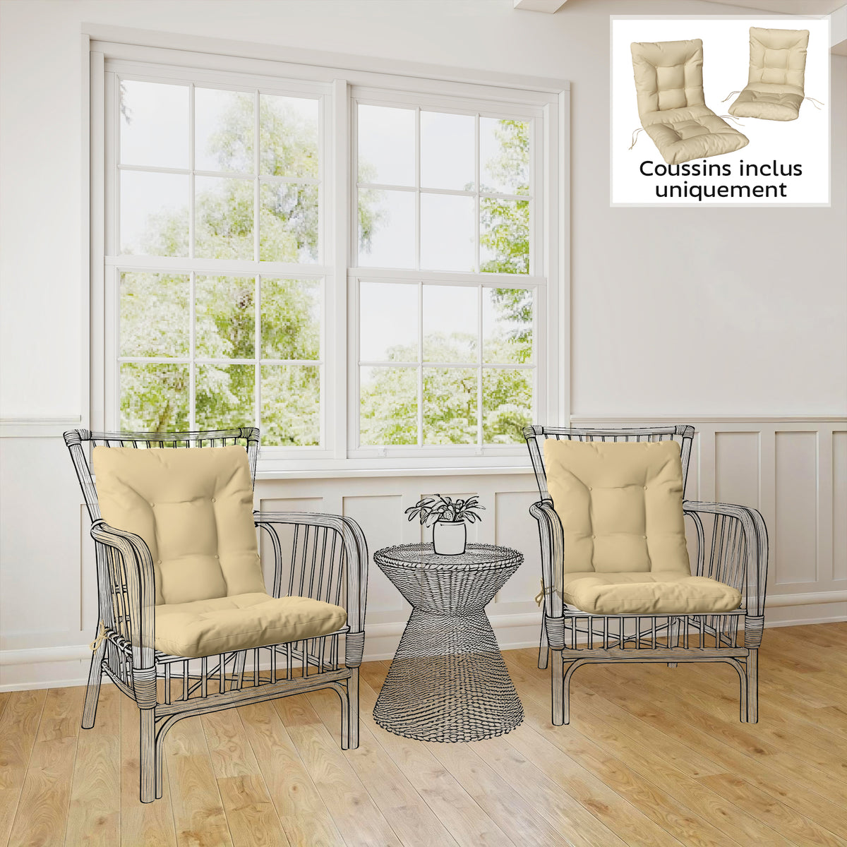 Lot de 2 coussins de chaise d'extérieur, coussins de jardin avec attaches, intérieur et extérieur, 120 x 50 x 8 cm, beige