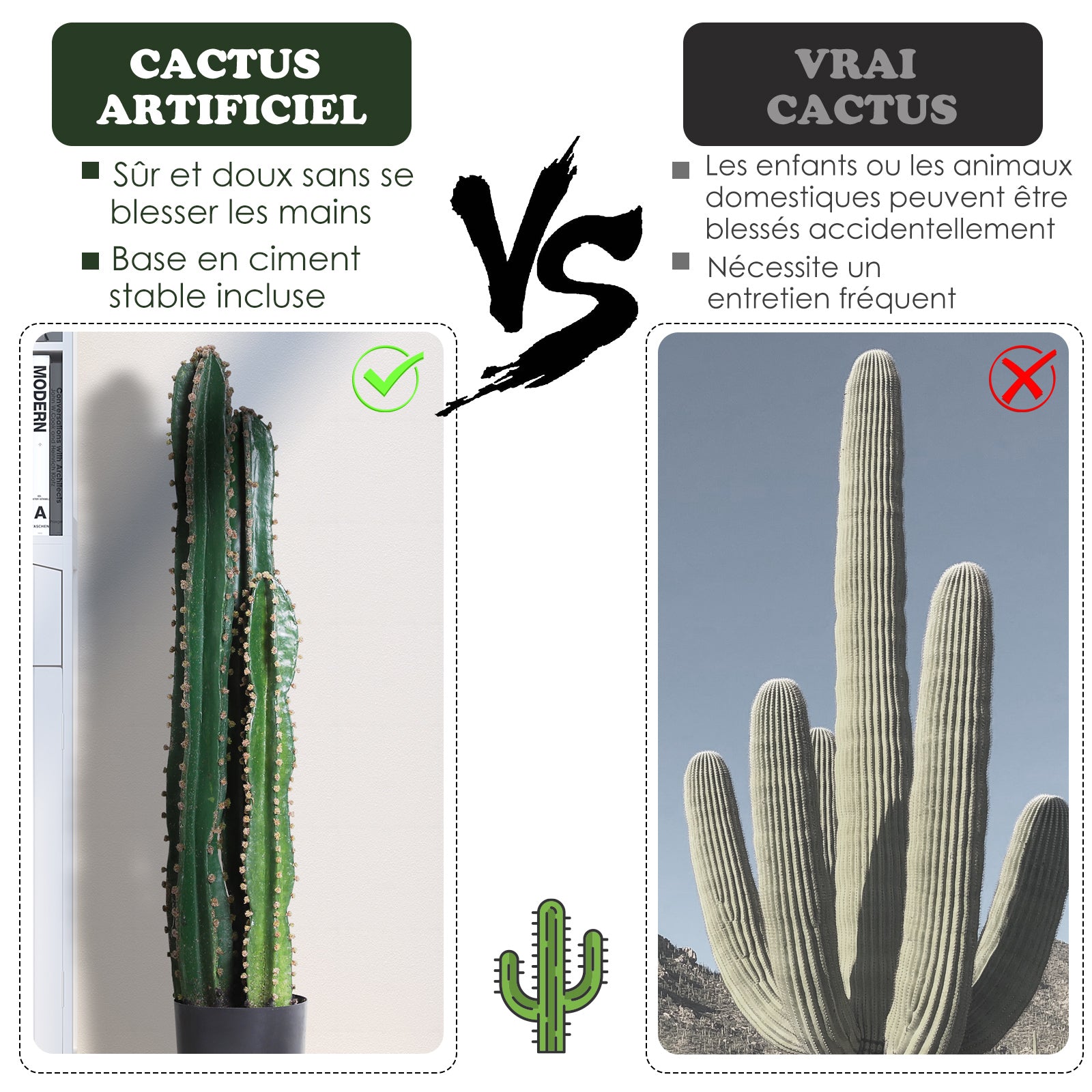 Cactus artificiel grand réalisme plante artificielle grande taille dim. Ø 17 x 98H cm vert