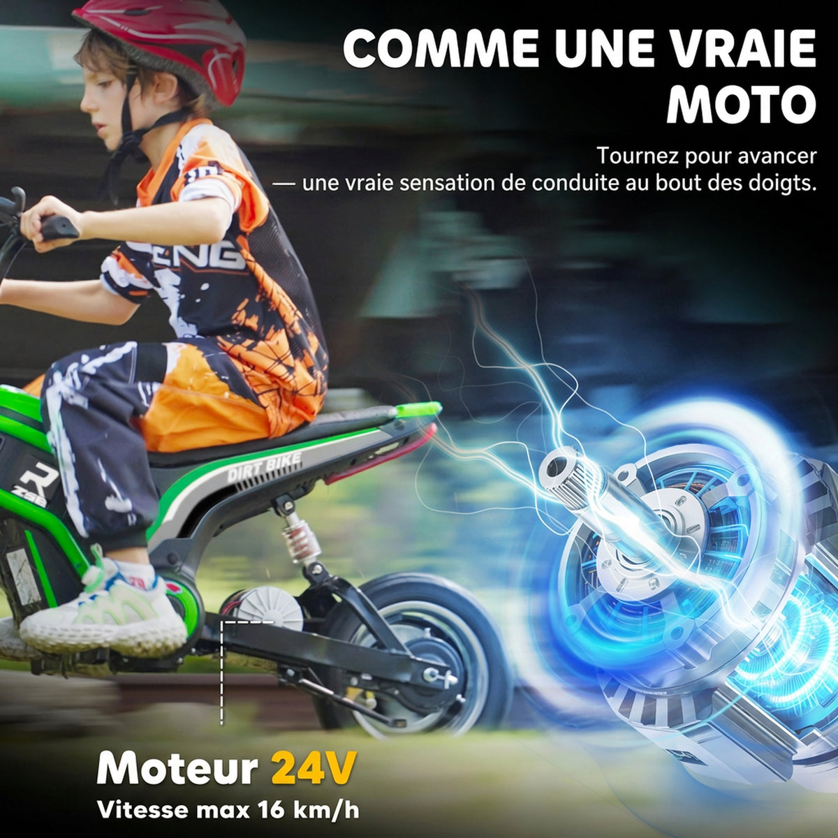 Moto cross électrique enfant moto électrique enfants moteur 350 W batterie 12V 8-16 km/h pneus gonflables 12'' vert