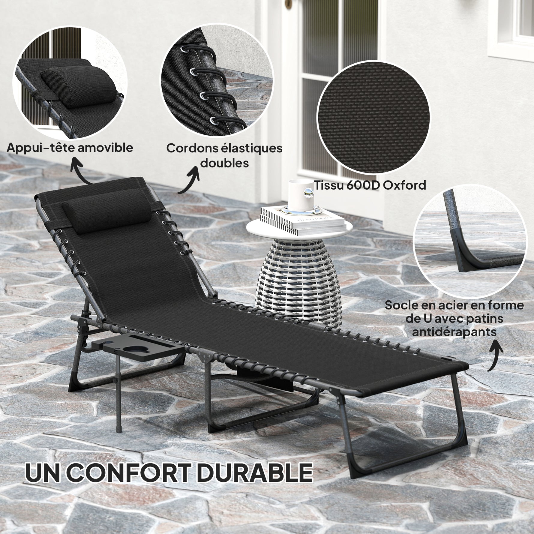 Bain de soleil pliante dossier réglable sur 5 niveaux, plateau, appuie-tête, poche latérale 60 x 190 x 31 cm, noir