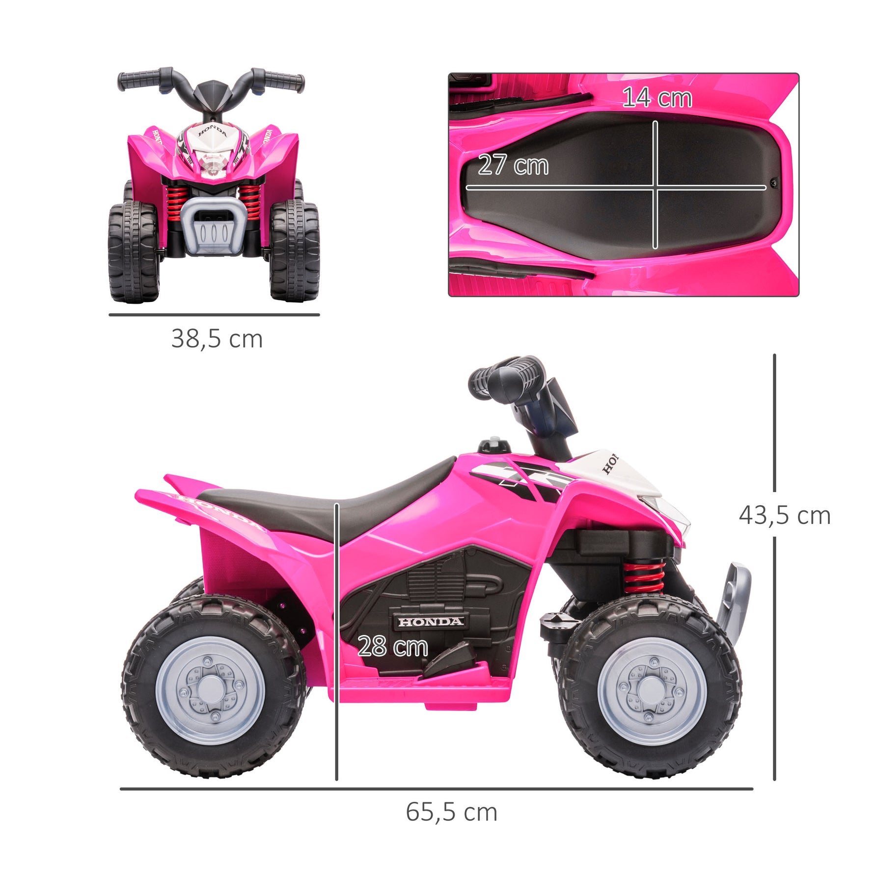 Quad électrique enfant 6 V, vitesse de 2,8 km/h, phares LED, klaxon, poignée et selle ergonomique, rose