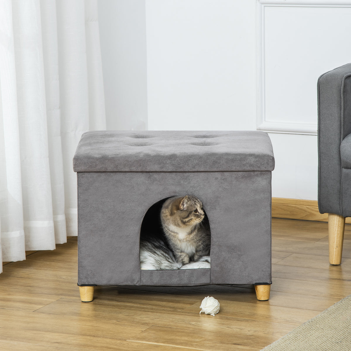 Niche chat maison de chat design surélevé avec coussin amoviable et lavable en peluche doux repose-pieds, dessus ouvrable, gris