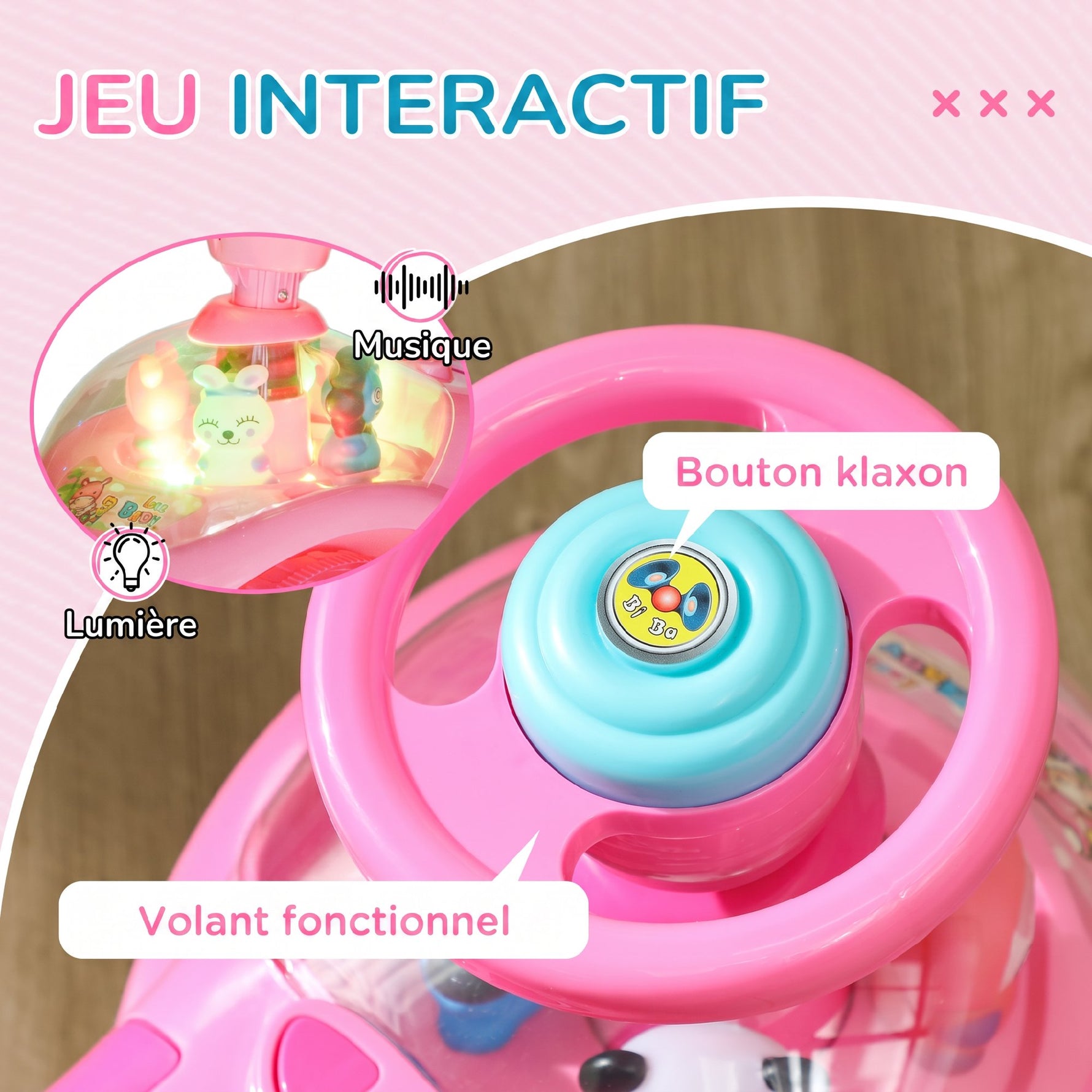 Voiture Porteur pour Enfants, Véhicule à Pousser avec Klaxon, Lumières, Musique, Volant, Rangement Sous le Siège, Rose