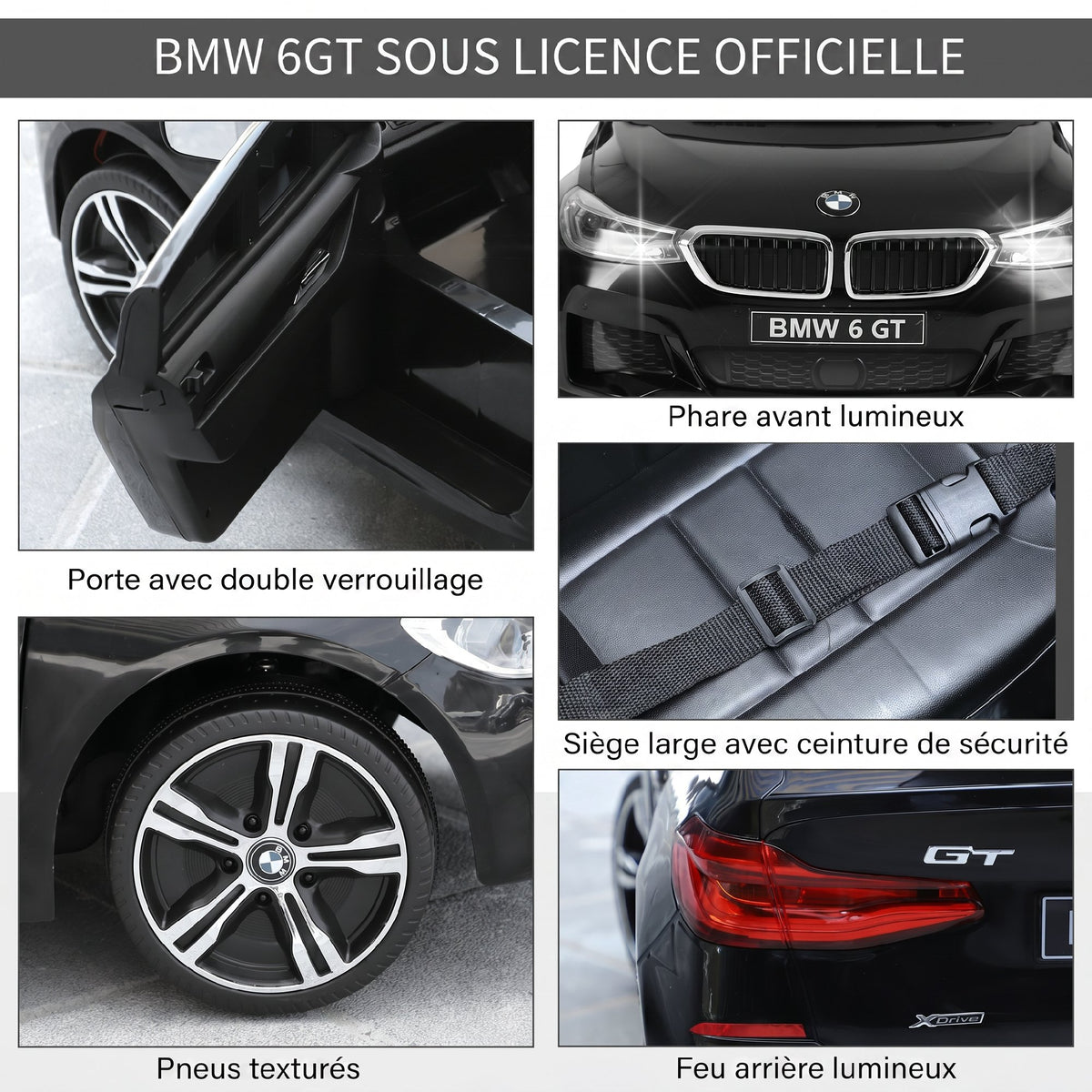 Voiture électrique Enfants 6 V 3 Km/h Max. Effets sonores et Lumineux télécommande Incluse Noir BMW 6 GT